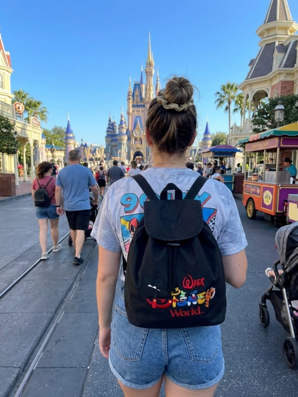 Vintage 90s Walt Disney World Black Canvas Backpack w Embroidered Characters